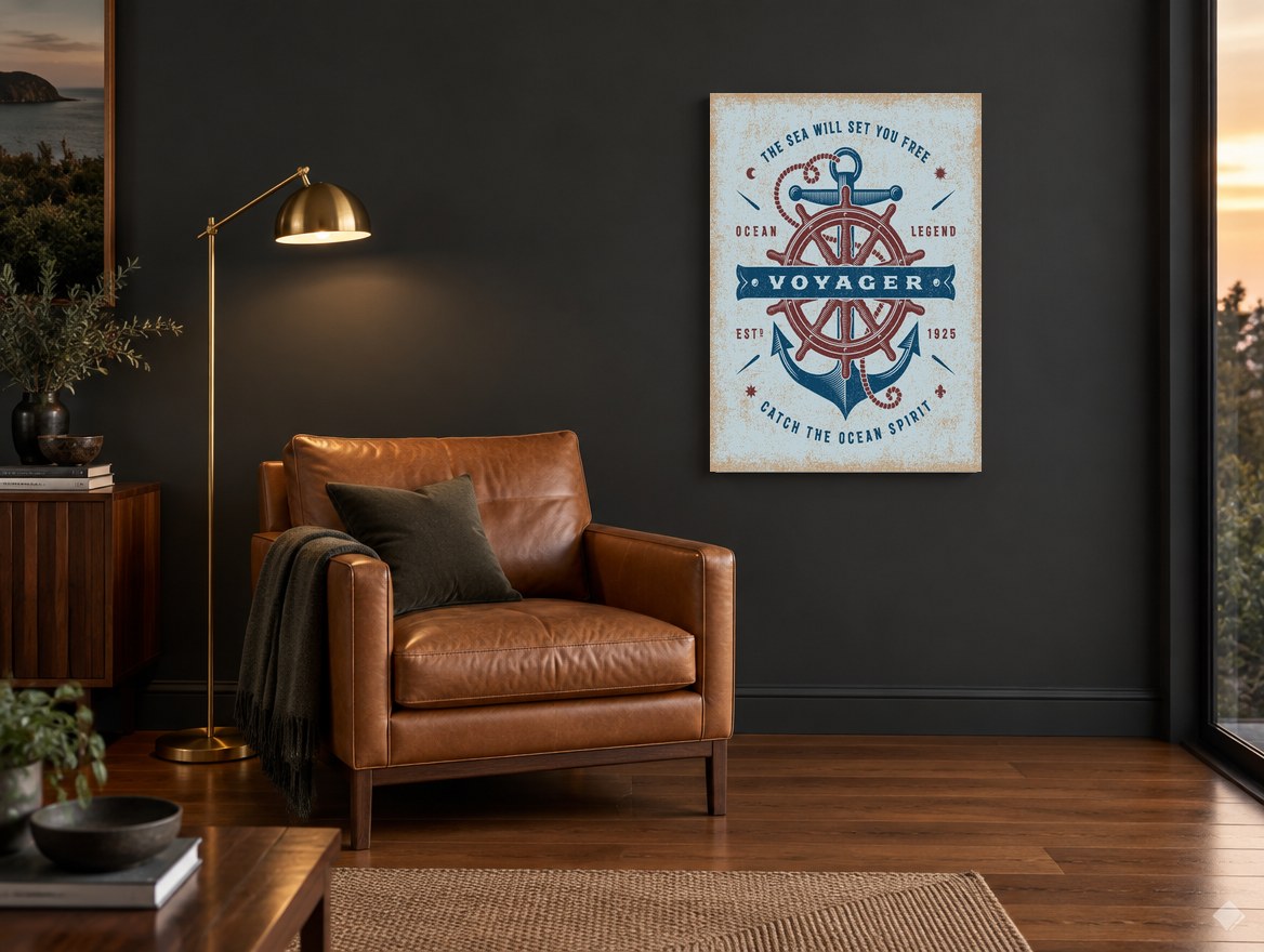 Voyager Anchor and Helm vintage canvas print on the wall of a charcoal living room