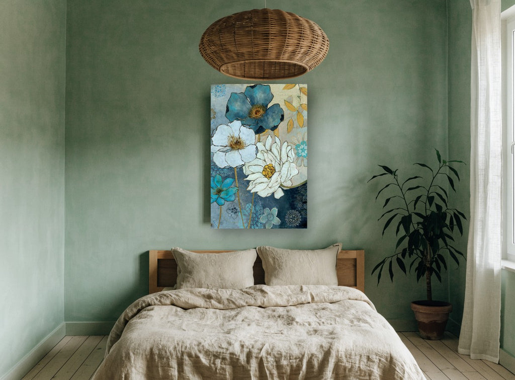 Denim Blue Bloom Garden floral canvas print on the wall of a bedroom