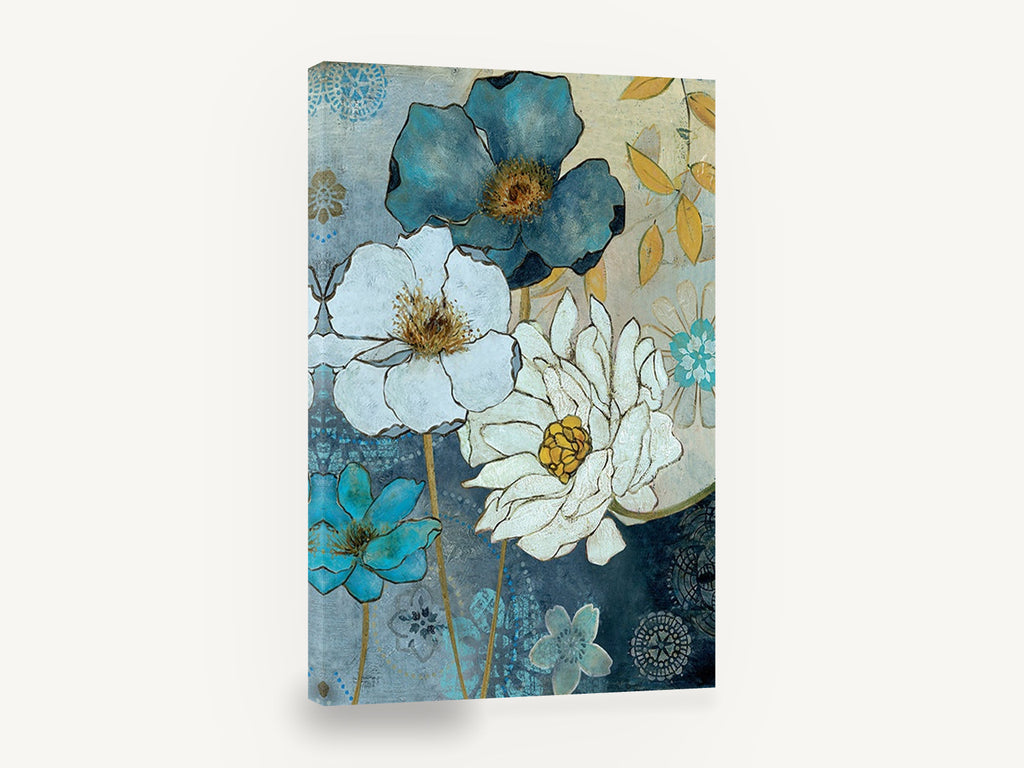 Denim Blue Bloom Garden, blue and white flowers textured floral, floral canvas wall art print ready to hang