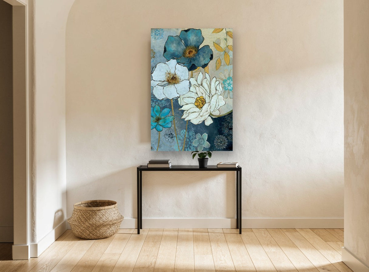 Denim Blue Bloom Garden floral canvas print on the wall of a hallway
