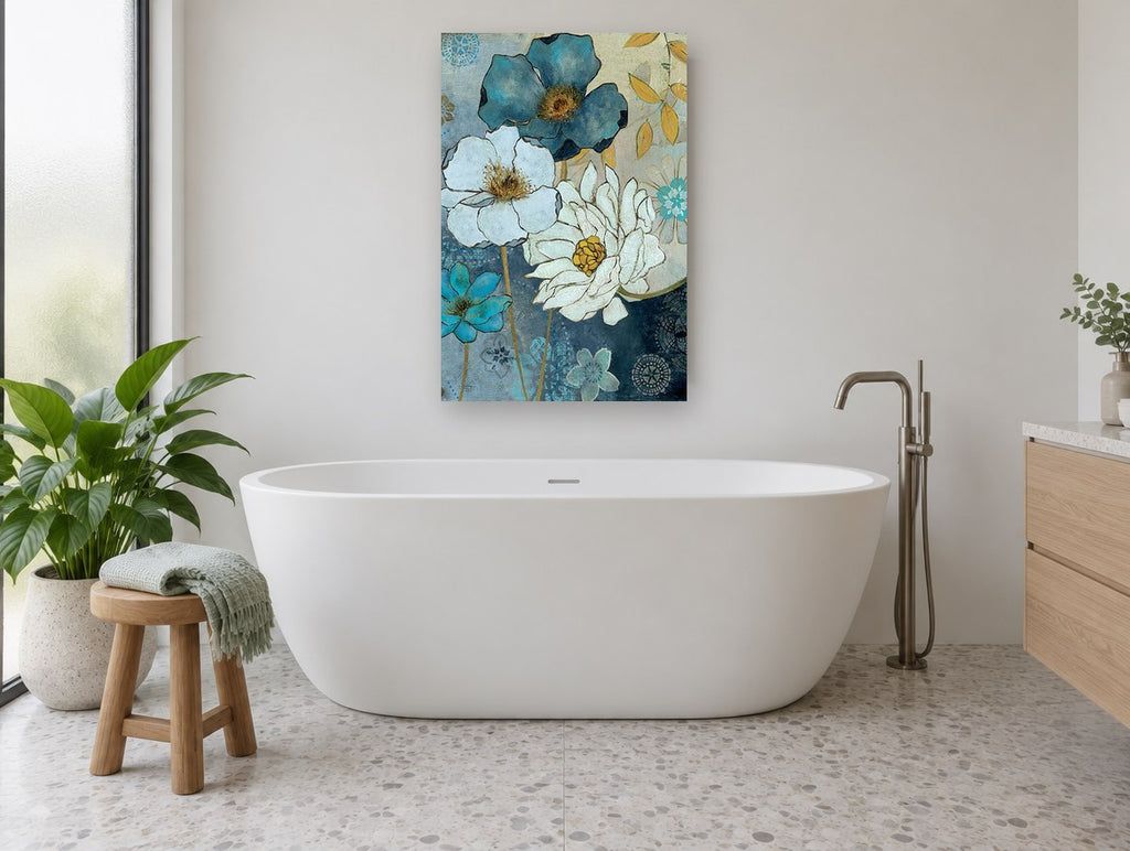 Denim Blue Bloom Garden floral canvas print on the wall of a bathroom