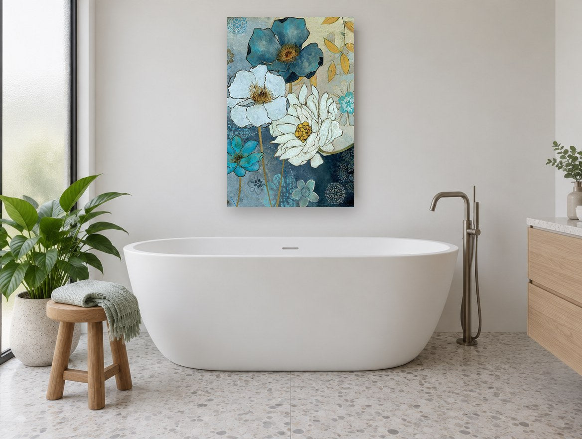 Denim Blue Bloom Garden floral canvas print on the wall of a bathroom