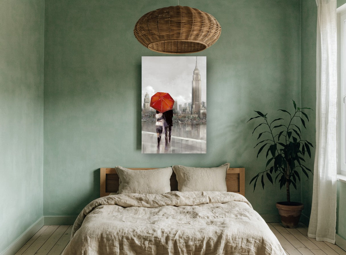 Red Umbrella Over the Hudson city canvas print on the wall of a bedroom