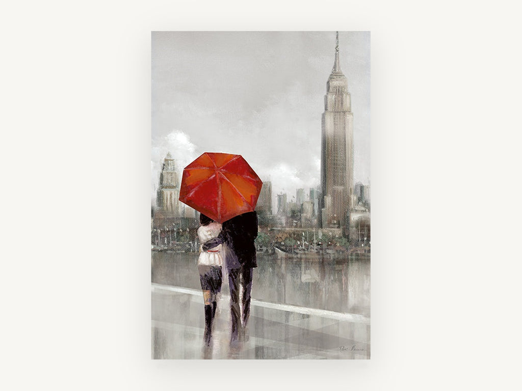 Red Umbrella Over the Hudson, couple under red umbrella new york skyline, city canvas wall art print, front view