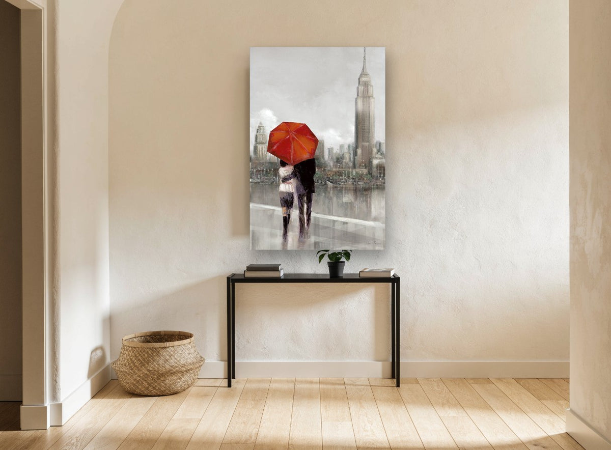 Red Umbrella Over the Hudson city canvas print on the wall of a hallway