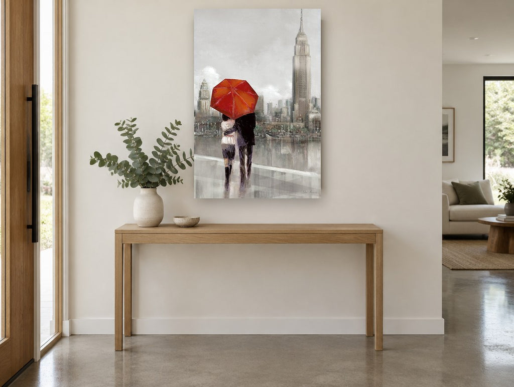 Red Umbrella Over the Hudson city canvas print on the wall of a entry hall