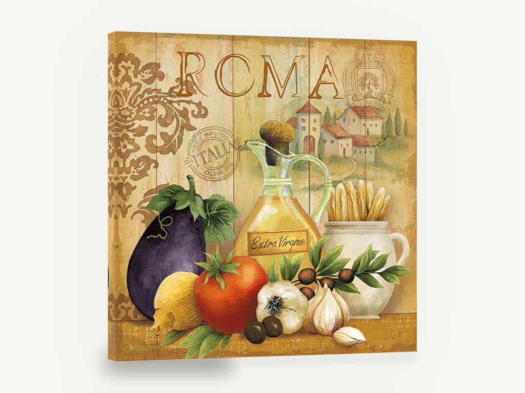 Roma Kitchen Harvest, roma italian kitchen olive oil vegetables, kitchen canvas wall art print ready to hang