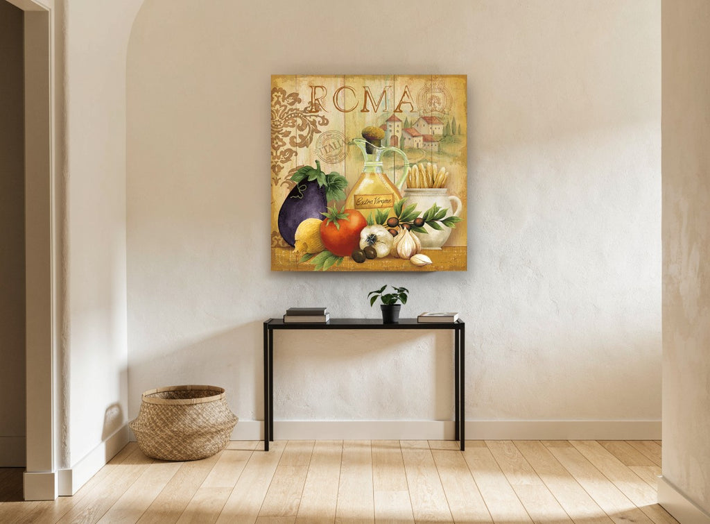 Roma Kitchen Harvest kitchen canvas print on the wall of a hallway