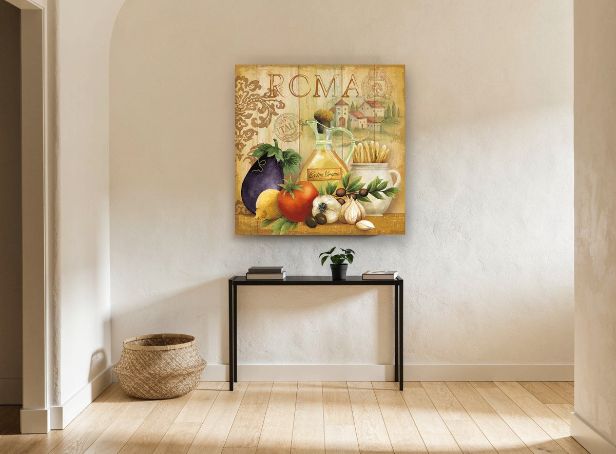Roma Kitchen Harvest kitchen canvas print on the wall of a hallway