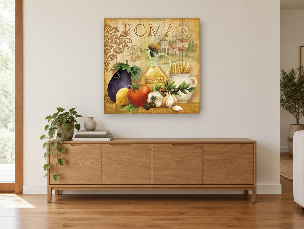 Roma Kitchen Harvest kitchen canvas print on the wall of a living room above a sideboard