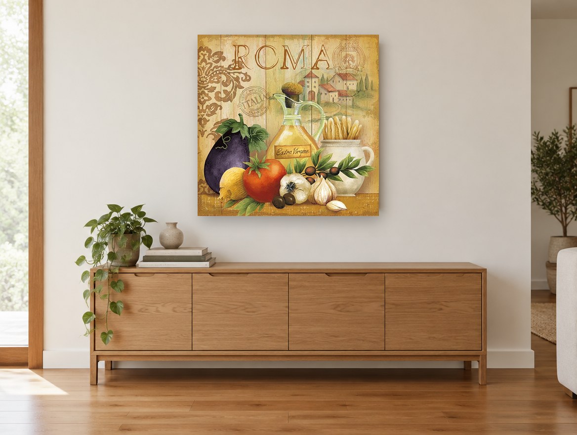Roma Kitchen Harvest kitchen canvas print on the wall of a living room above a sideboard