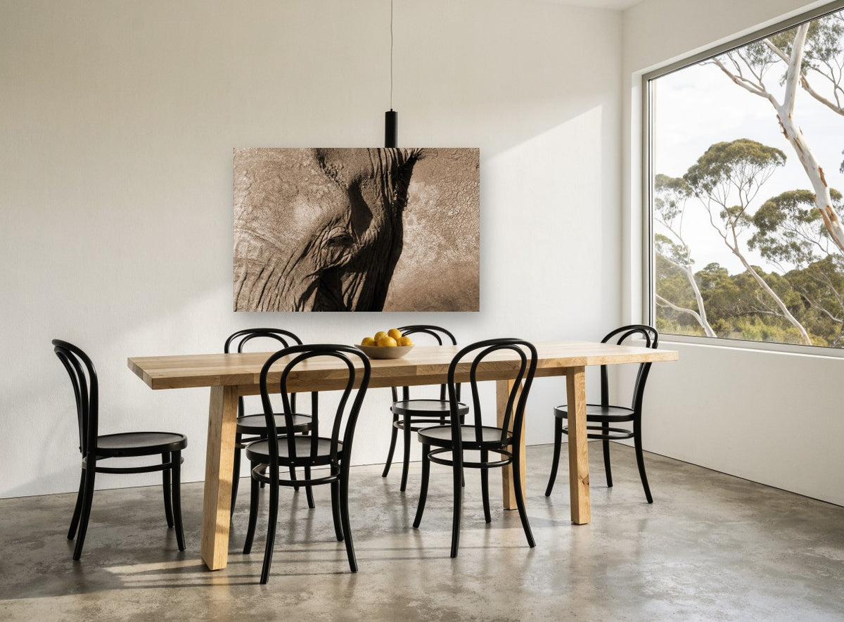 Elephant in Sepia animal canvas print on the wall of a dining room