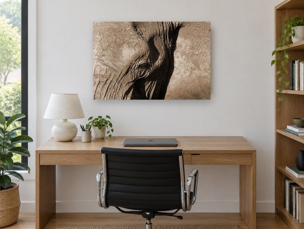 Elephant in Sepia animal canvas print on the wall of a study