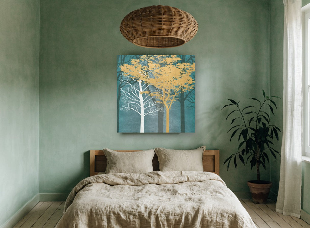 Gold and White Forest landscape canvas print on the wall of a bedroom