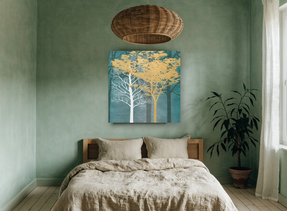 Gold and White Forest landscape canvas print on the wall of a bedroom