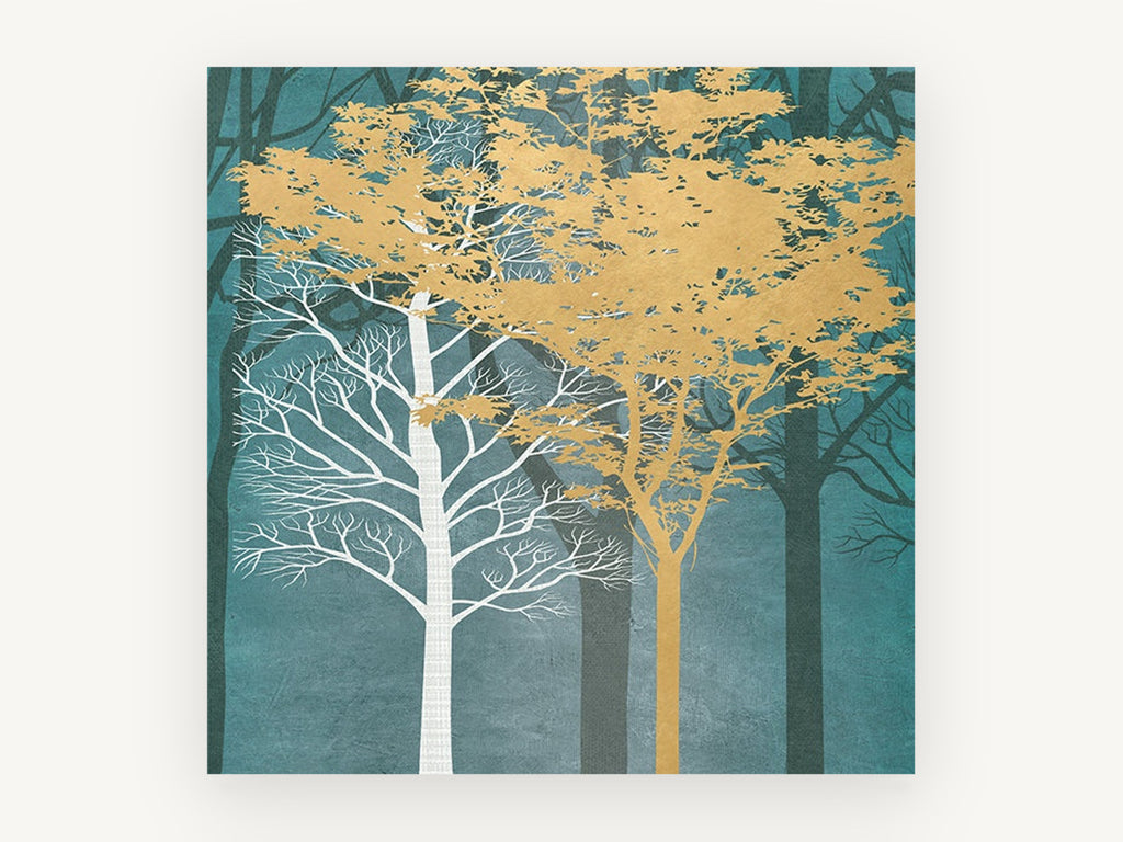 Gold and White Forest, gold and white trees forest illustration, landscape canvas wall art print, front view