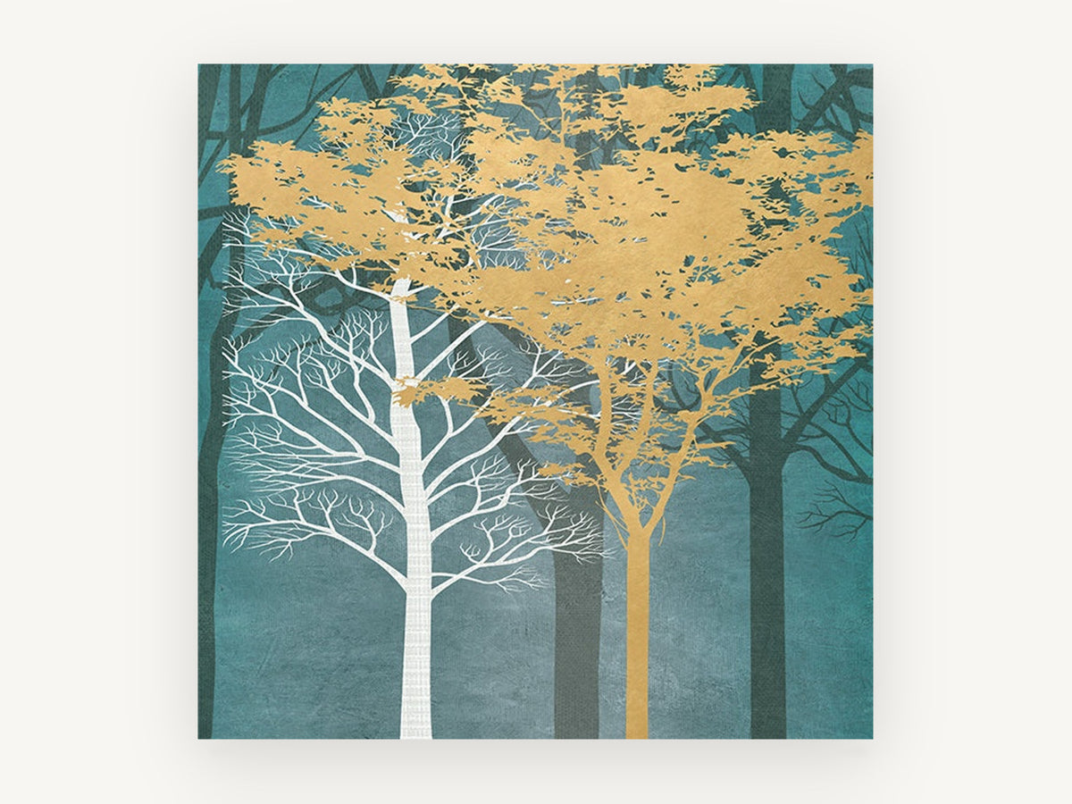 Gold and White Forest, gold and white trees forest illustration, landscape canvas wall art print, front view