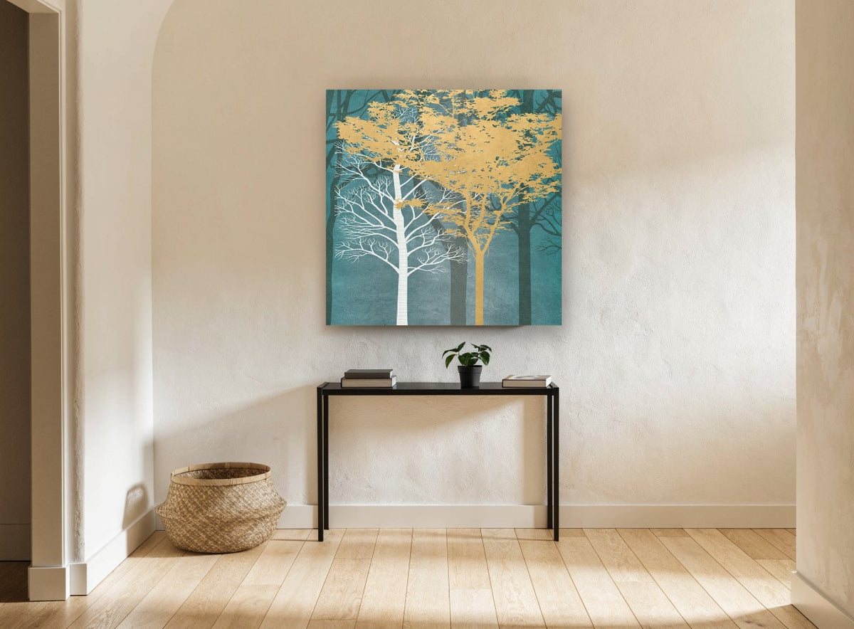 Gold and White Forest landscape canvas print on the wall of a hallway