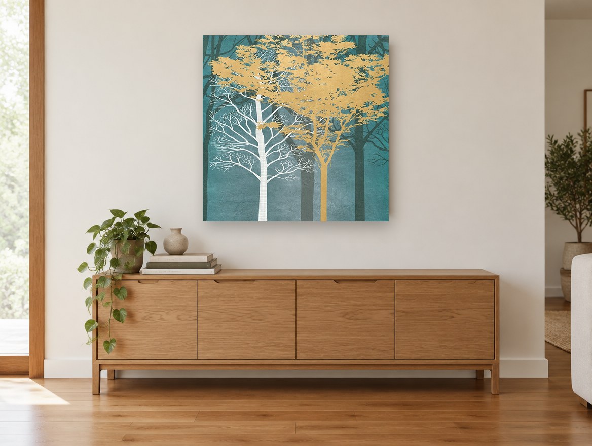 Gold and White Forest landscape canvas print on the wall of a living room above a sideboard