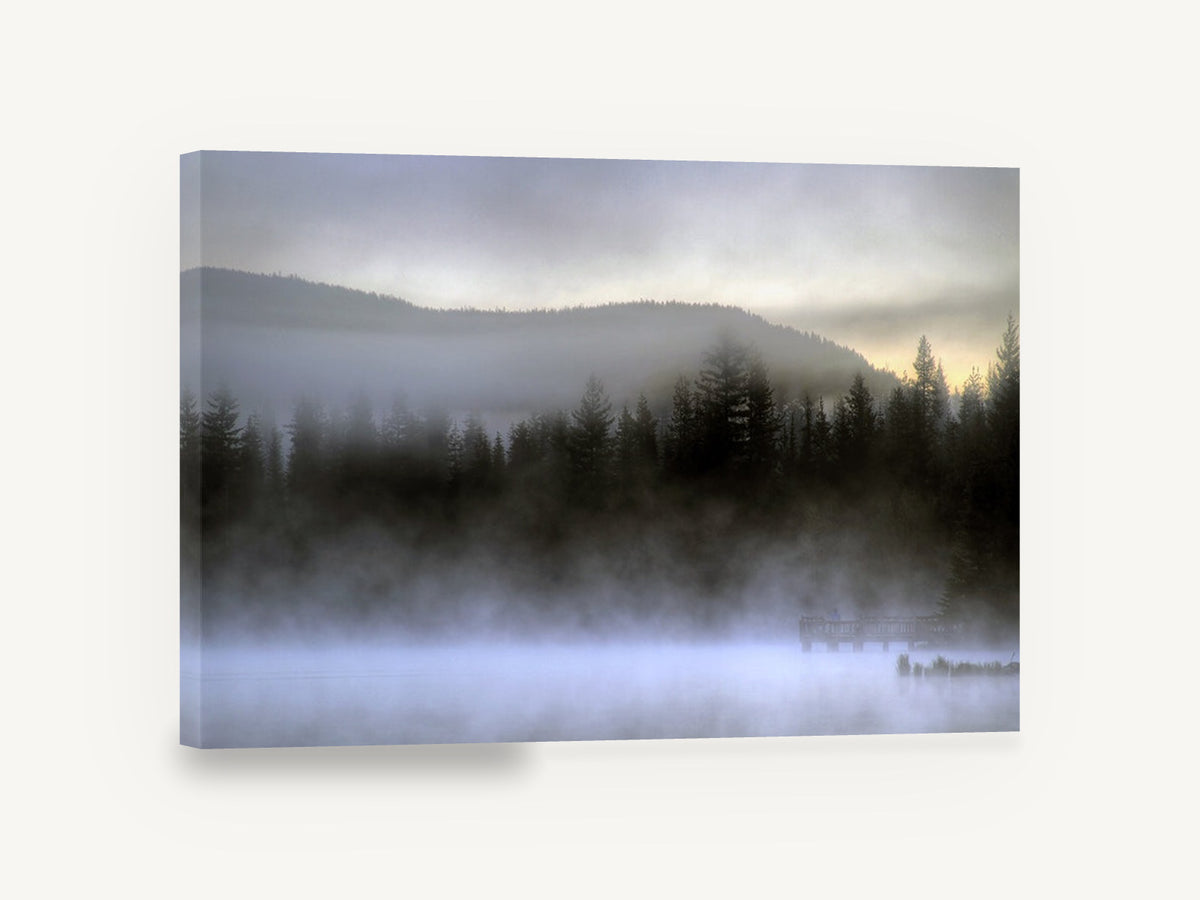 Misty Lake Dawn, foggy lake pine forest photograph, coastal canvas wall art print ready to hang