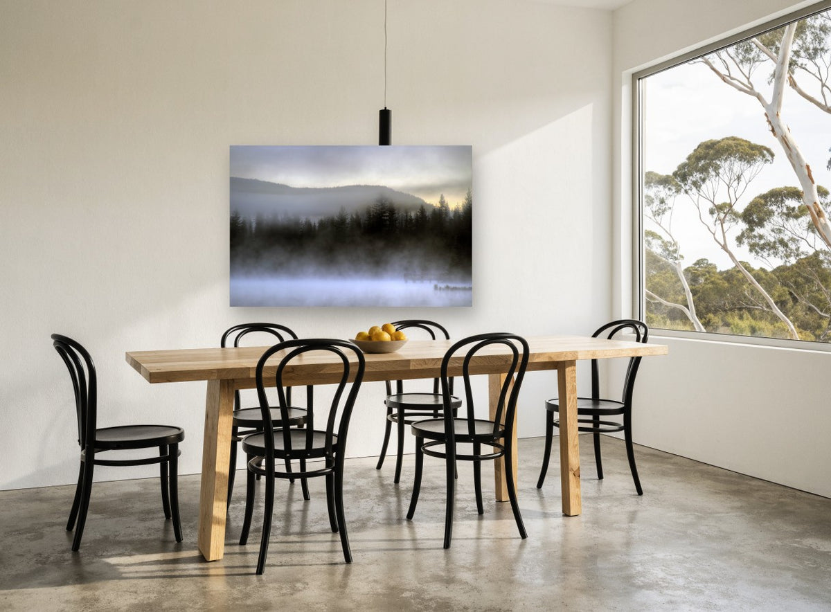 Misty Lake Dawn coastal canvas print on the wall of a dining room