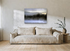 Misty Lake Dawn coastal canvas print on the wall of a living room