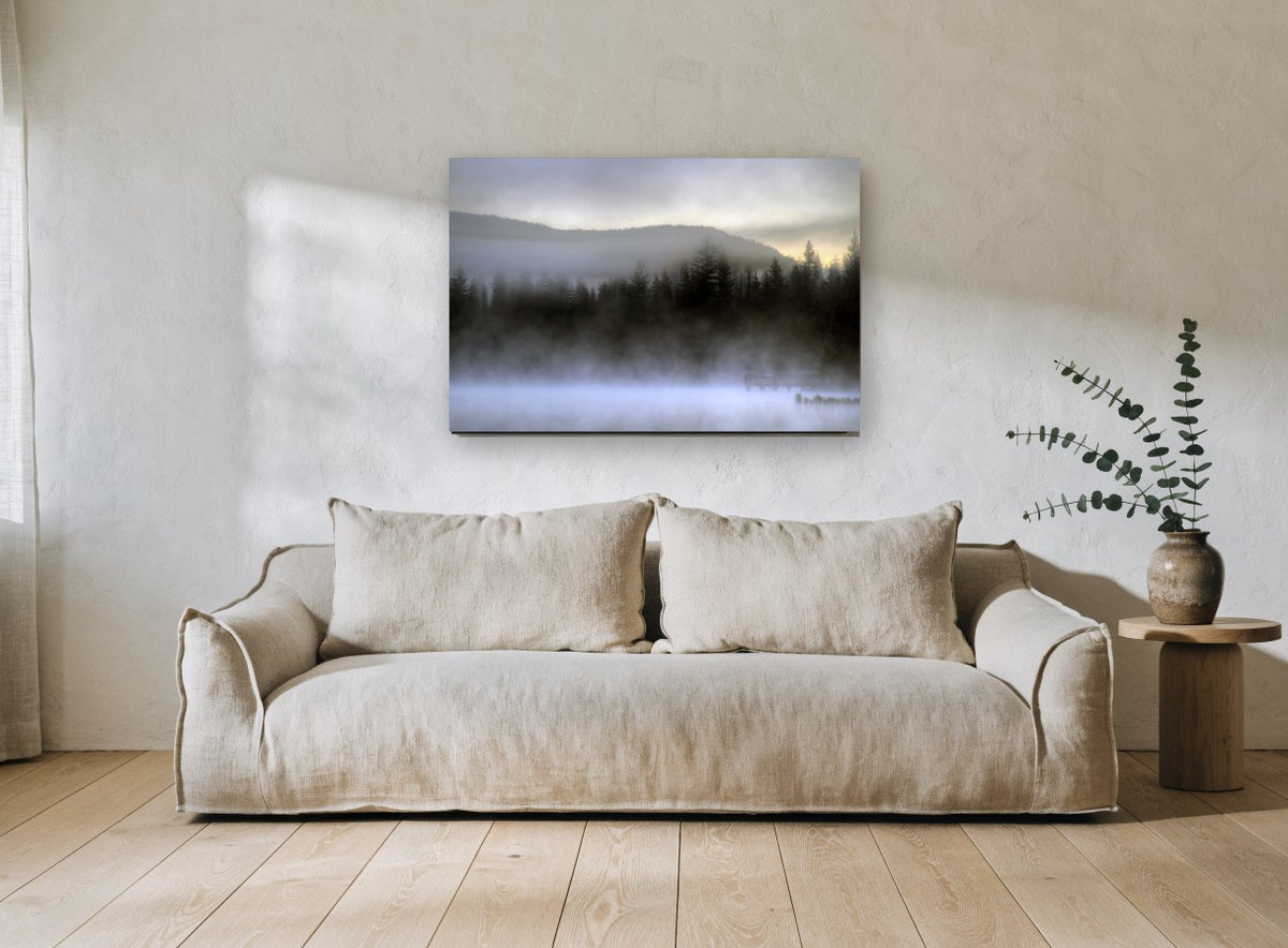 Misty Lake Dawn coastal canvas print on the wall of a living room