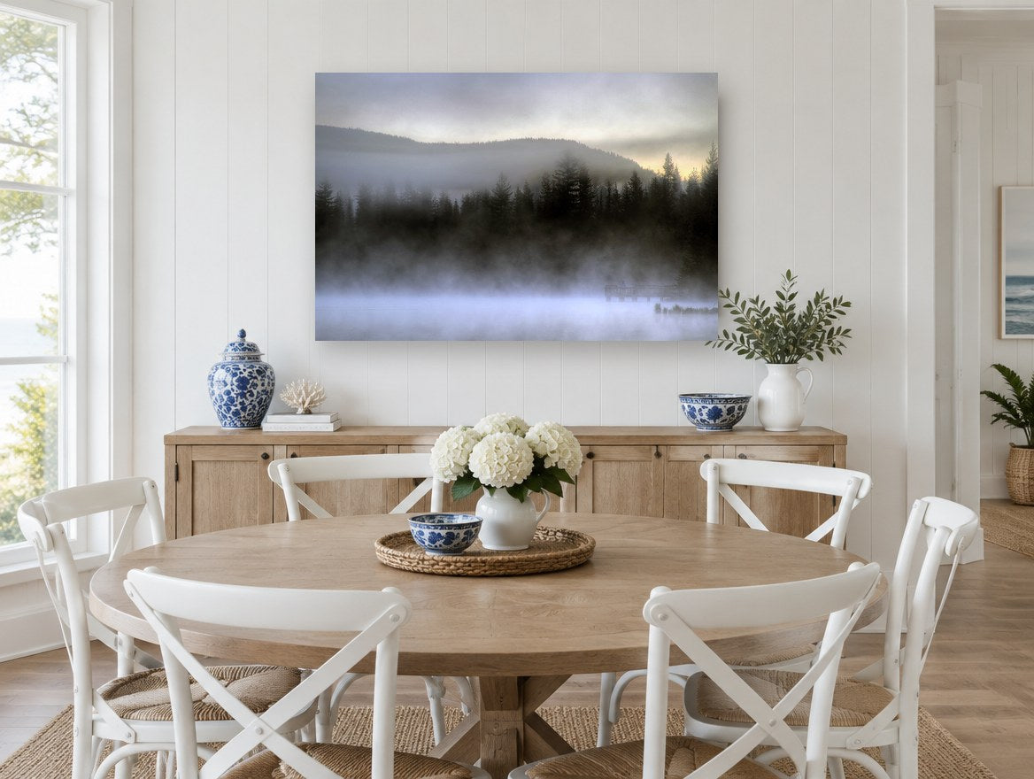 Misty Lake Dawn coastal canvas print on the wall of a Hamptons dining room