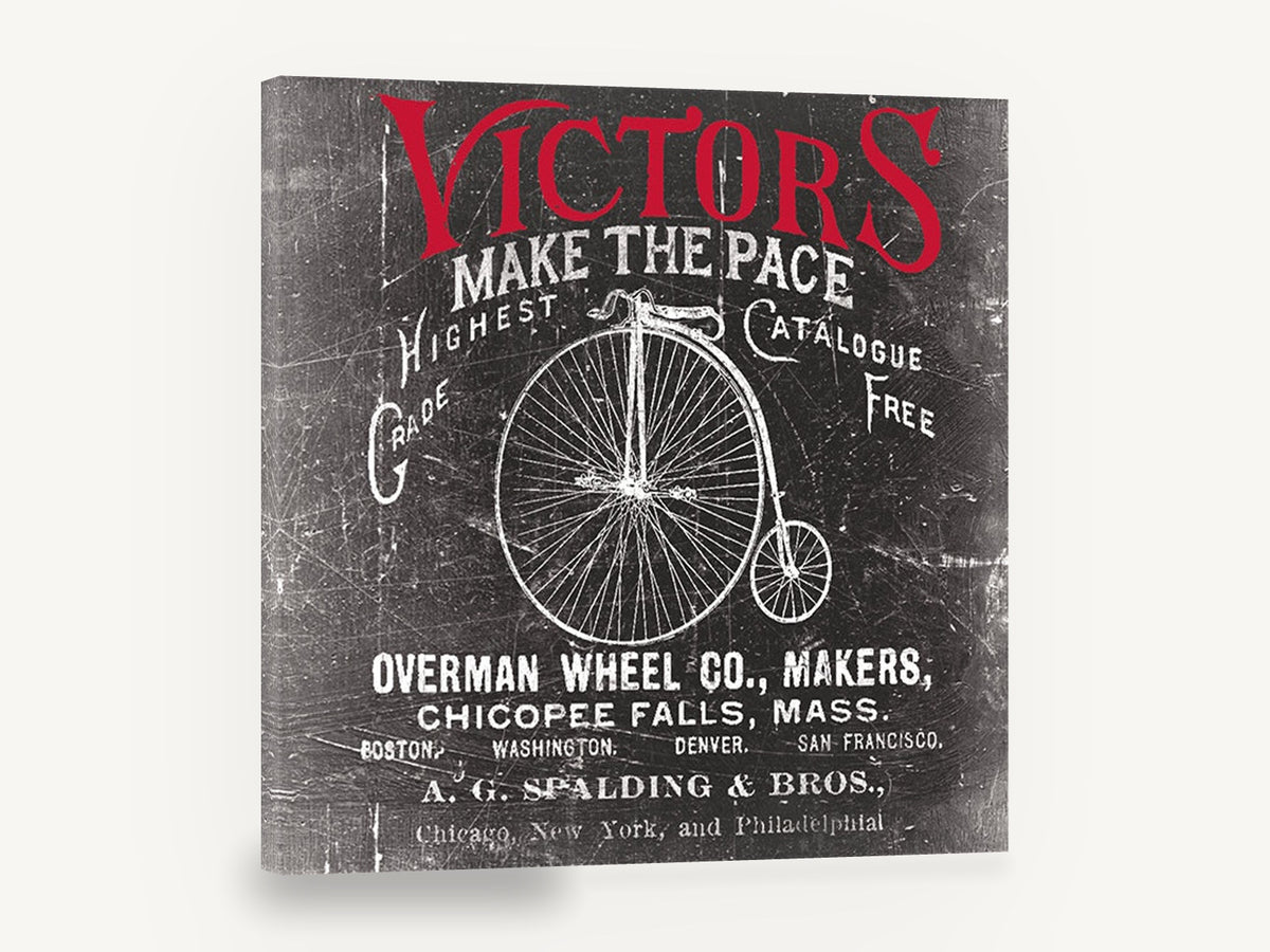 Victors Make the Pace, vintage penny farthing bicycle advertising sign, stretched canvas wall art print ready to hang