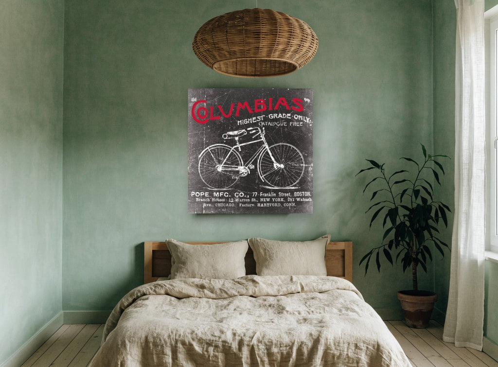 Columbias Bicycle Advertisement vintage canvas print on the wall of a bedroom