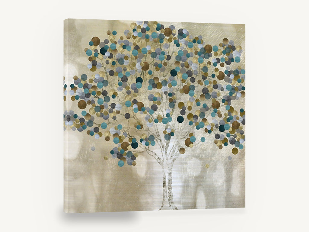 Teal Dot Tree, teal and gold circle tree illustration, landscape canvas wall art print ready to hang