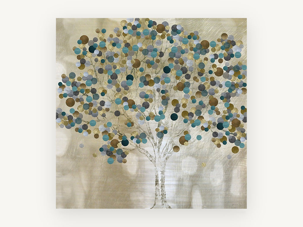Teal Dot Tree, teal and gold circle tree illustration, landscape canvas wall art print, front view