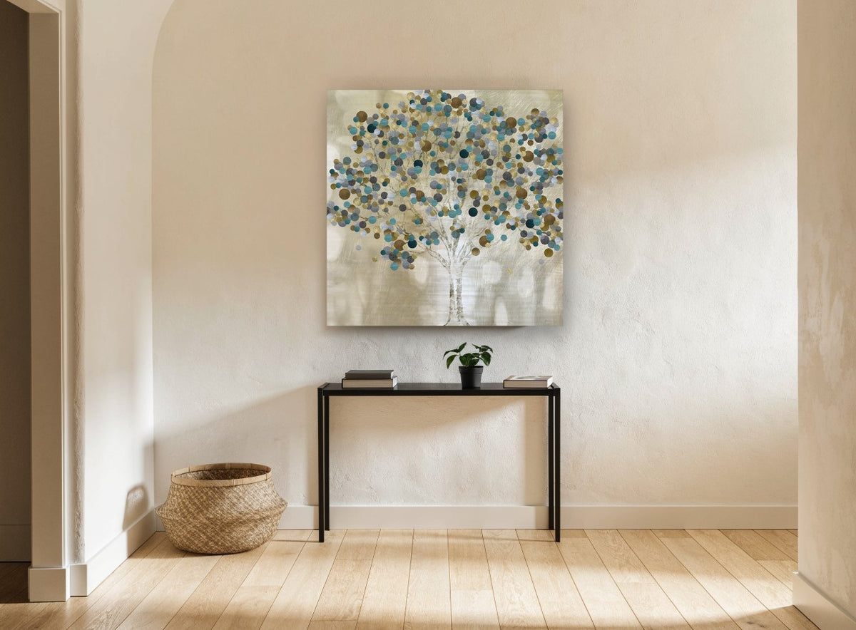 Teal Dot Tree landscape canvas print on the wall of a hallway