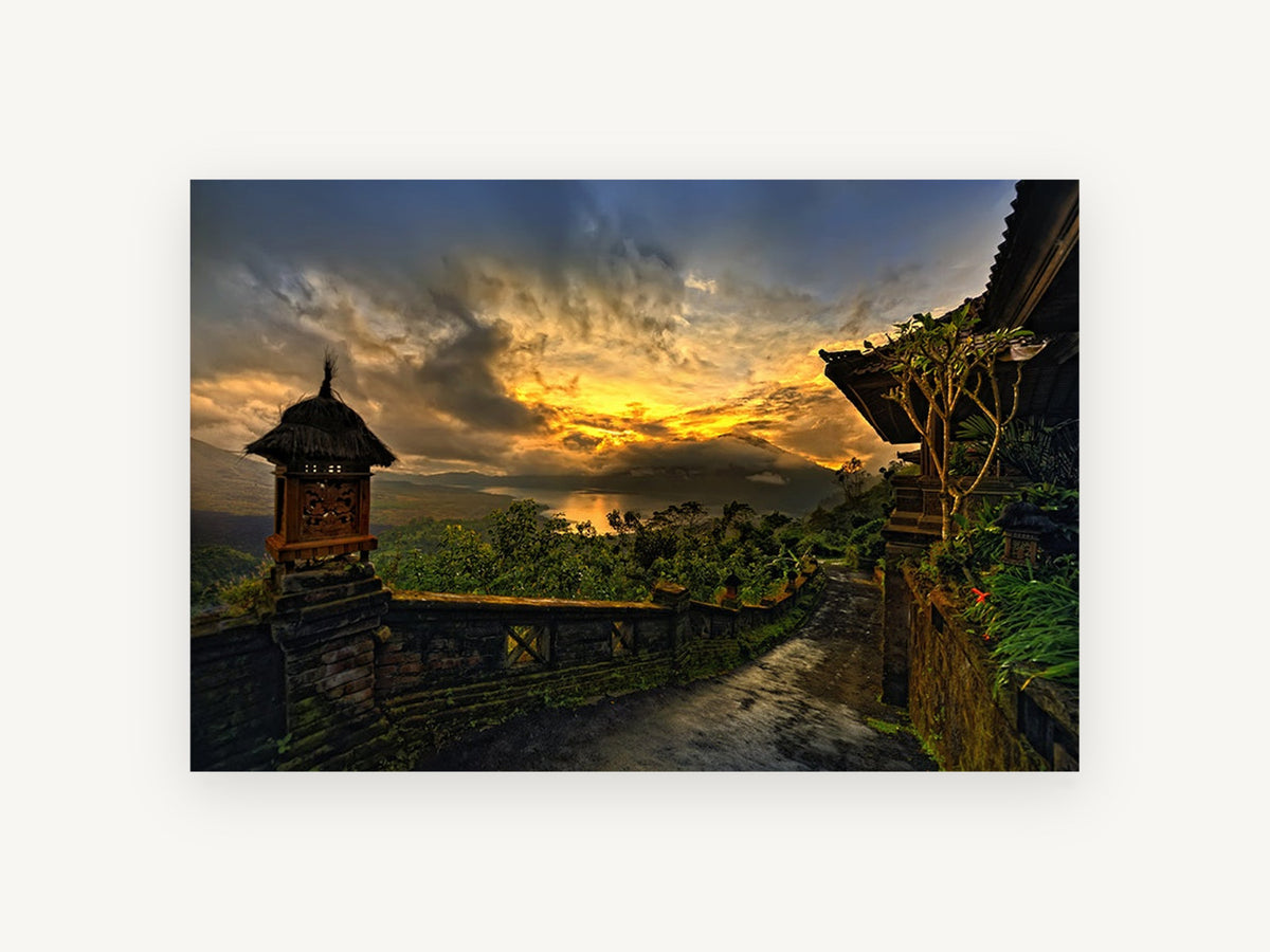 Temple Path at Dusk, golden sunset temple path photograph, landscape canvas wall art print, front view