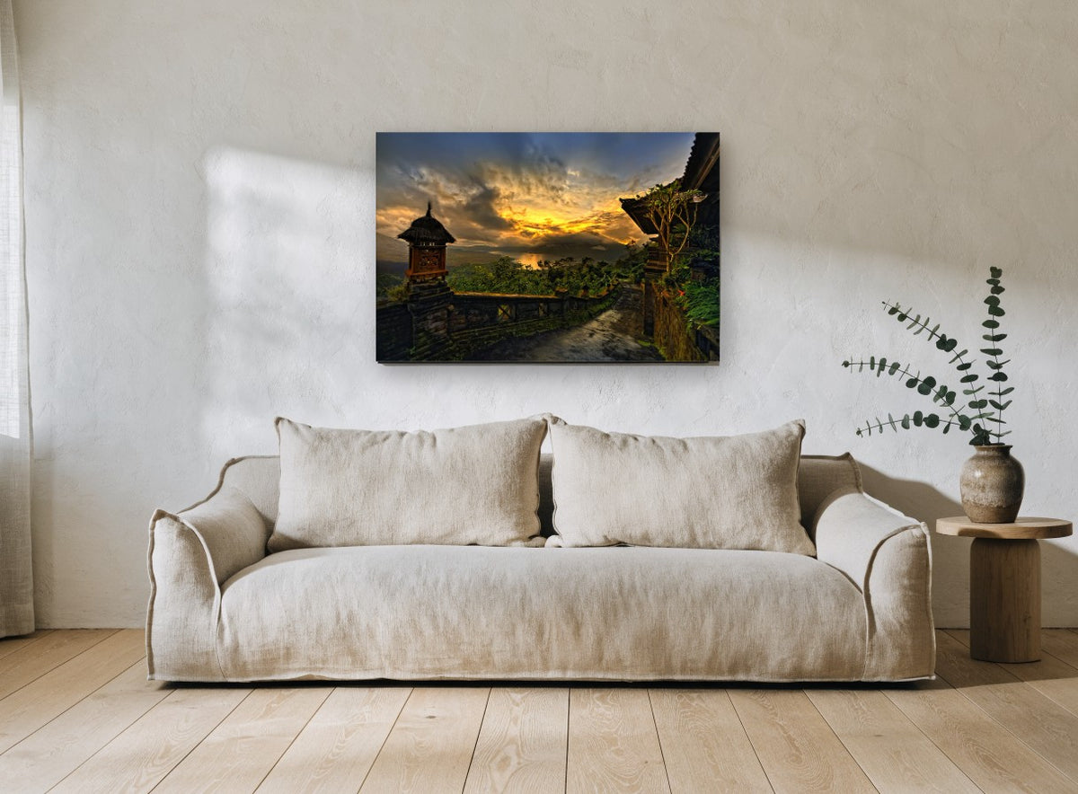 Temple Path at Dusk landscape canvas print on the wall of a living room