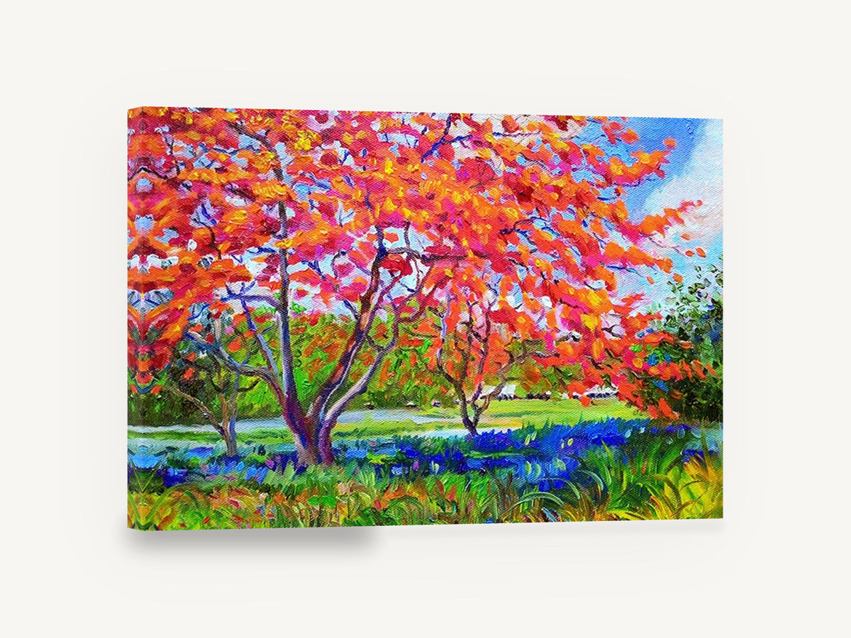 Flame Tree Meadow, flame tree landscape impasto painting, floral canvas wall art print ready to hang