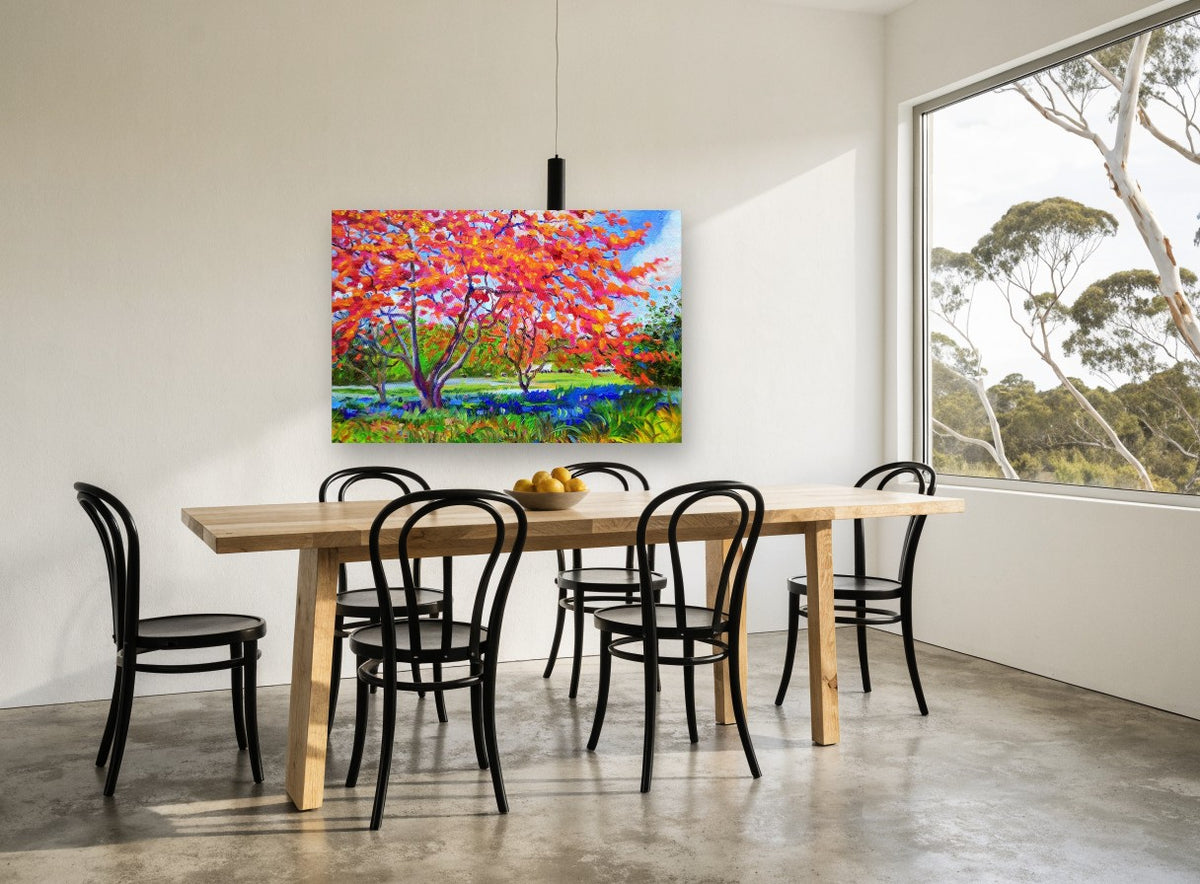 Flame Tree Meadow floral canvas print on the wall of a dining room