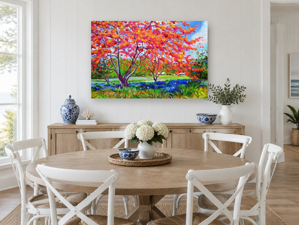 Flame Tree Meadow floral canvas print on the wall of a Hamptons dining room