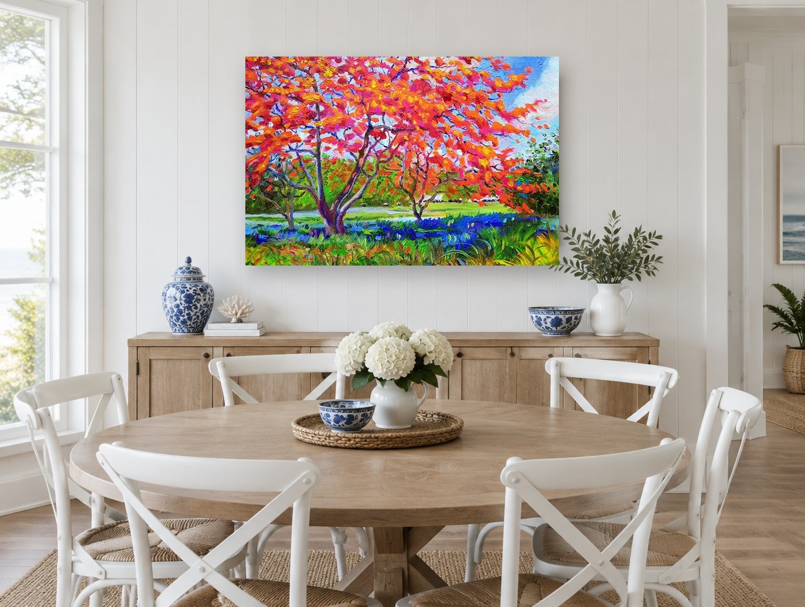 Flame Tree Meadow floral canvas print on the wall of a Hamptons dining room
