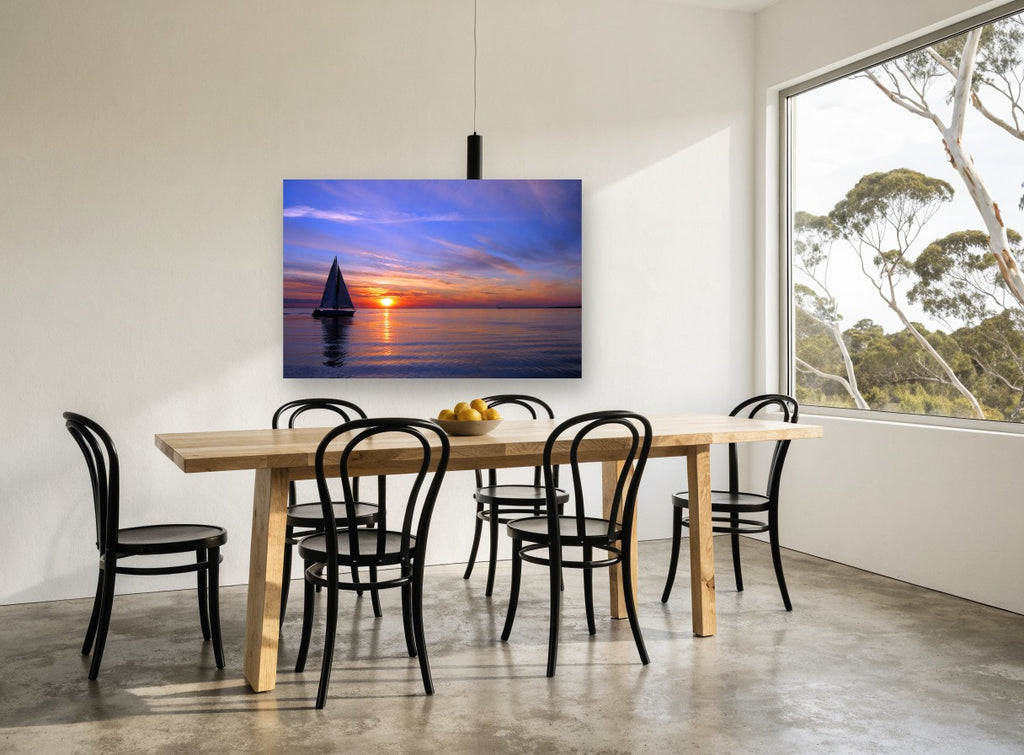 Sailing Into Dusk coastal canvas print on the wall of a dining room