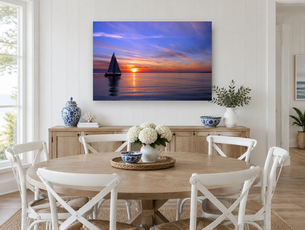 Sailing Into Dusk coastal canvas print on the wall of a Hamptons dining room