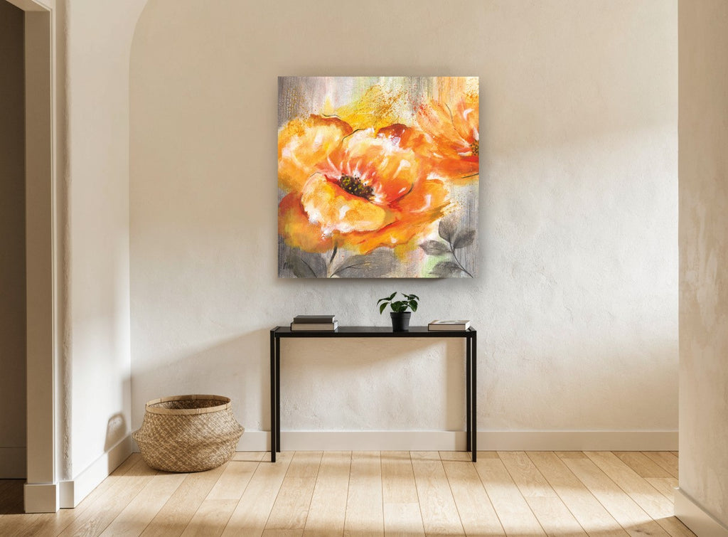 Amber Poppy Bloom floral canvas print on the wall of a hallway