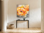 Amber Poppy Bloom floral canvas print on the wall of a hallway