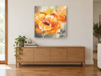 Amber Poppy Bloom floral canvas print on the wall of a living room above a sideboard