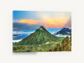 Cloud-Capped Green Peak, green volcanic peak sunset photograph, landscape canvas wall art print ready to hang