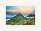 Cloud-Capped Green Peak, green volcanic peak sunset photograph, landscape canvas wall art print, front view