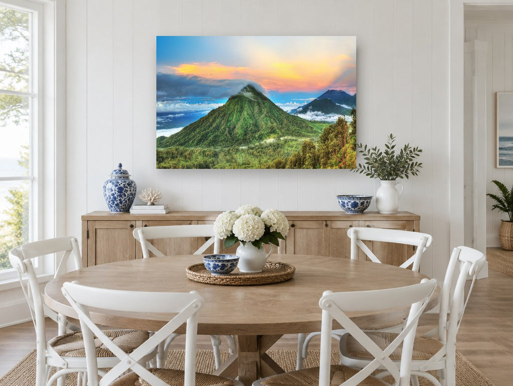 Cloud-Capped Green Peak landscape canvas print on the wall of a Hamptons dining room