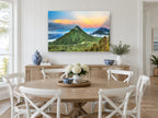 Cloud-Capped Green Peak landscape canvas print on the wall of a Hamptons dining room