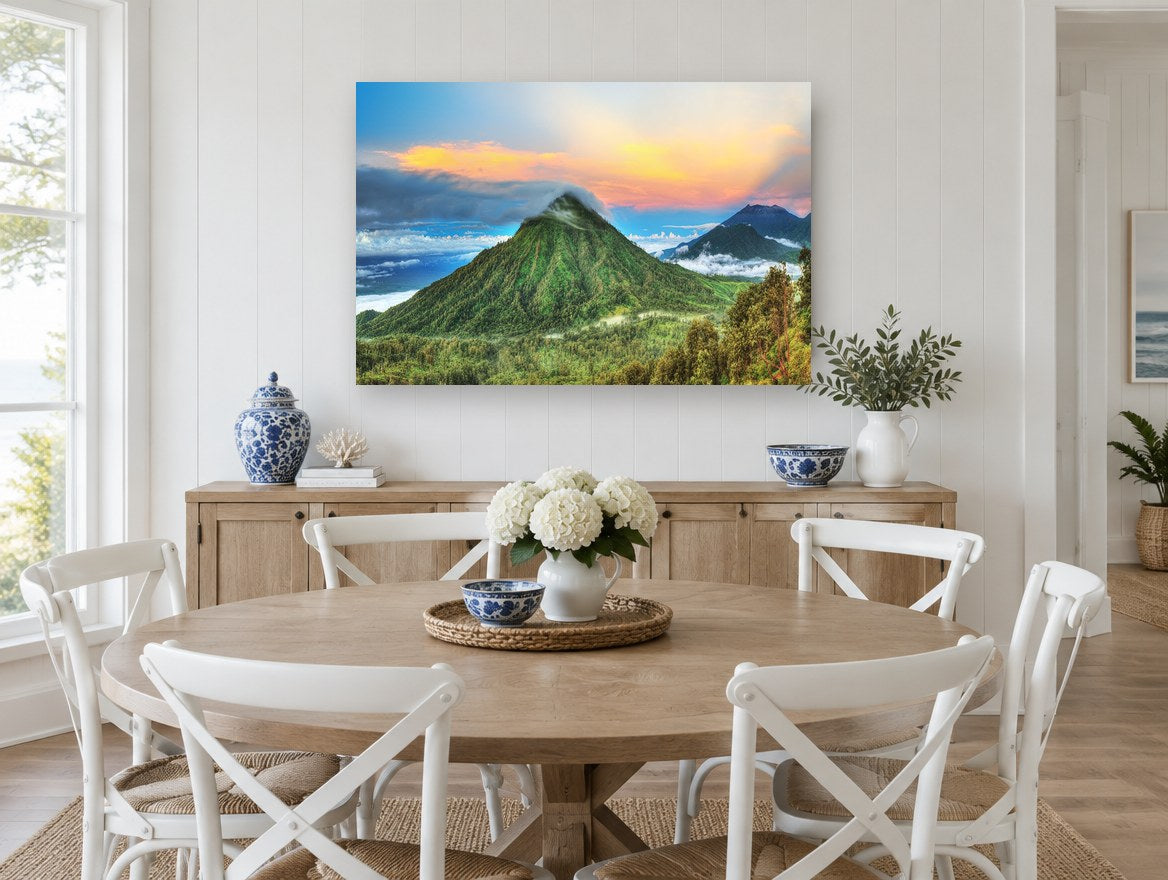 Cloud-Capped Green Peak landscape canvas print on the wall of a Hamptons dining room