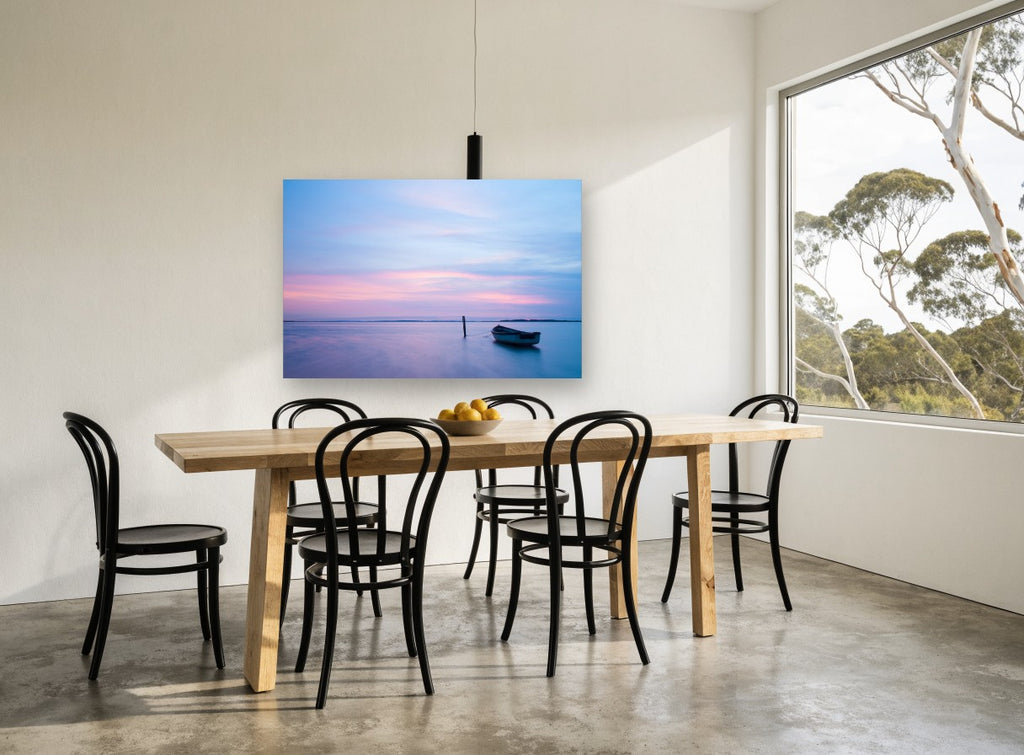 Moored at Dusk coastal canvas print on the wall of a dining room